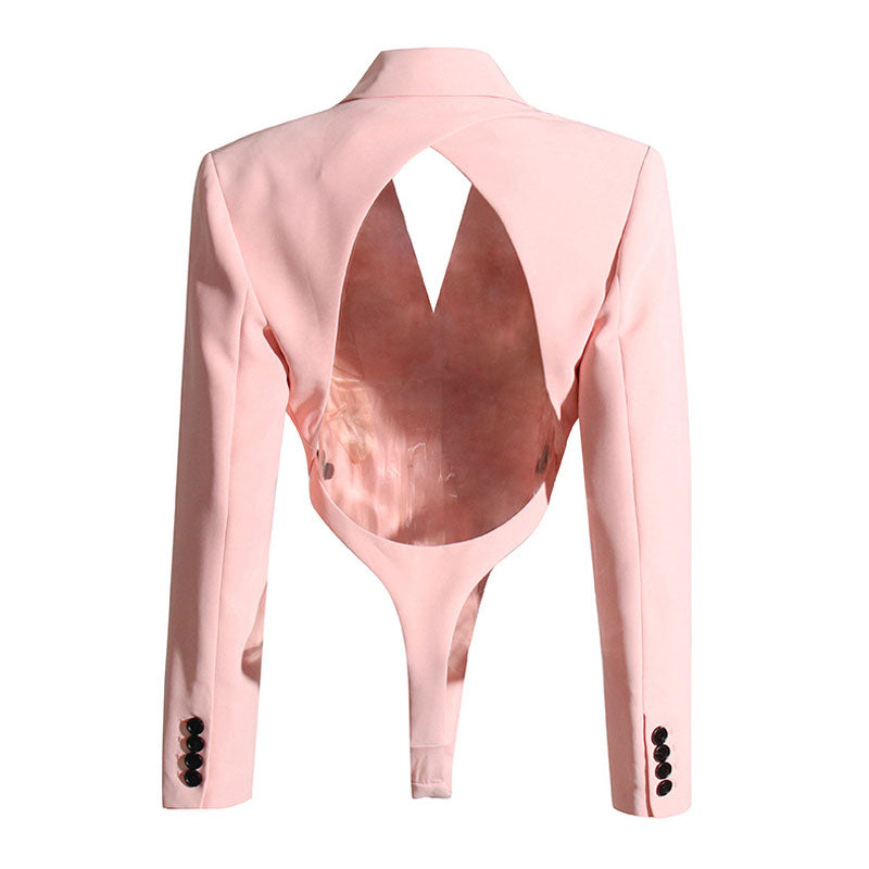 Sassy CutOut Langarm Blazer Bodysuit mit steigendem Revers und Schulterpolstern - Pink