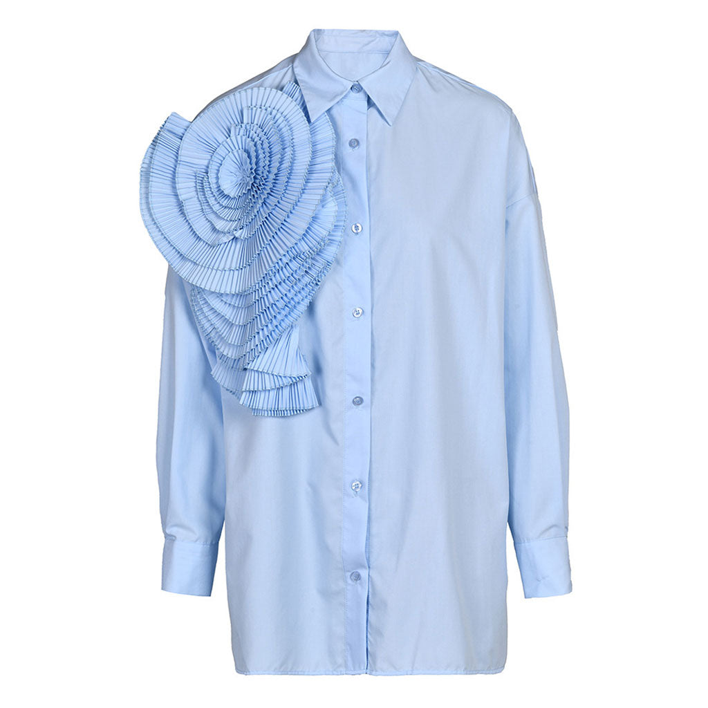 Sculptural Pleated Petal Pointed Collar Long Sleeve Button Down Oversized Shirt