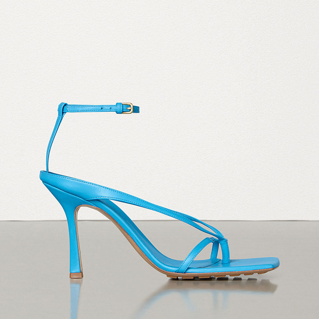 Seductive Thong Strap Faux Leather Square Toe Stiletto Sandals - Sky Blue