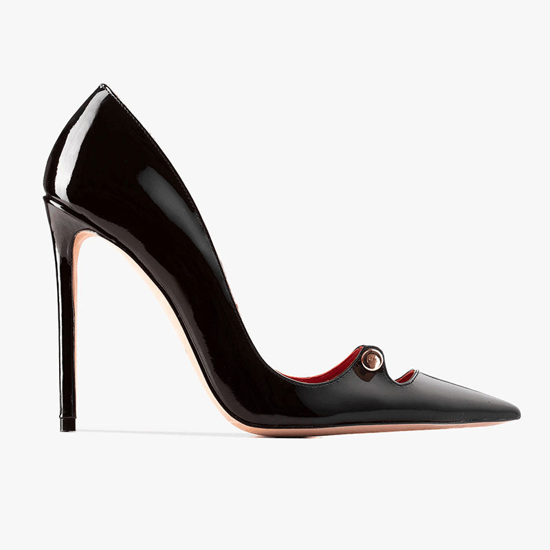 Sinnliche Stiletto-Pumps aus Lackleder mit spitzer Zehenpartie und Metallsteg - Schwarz