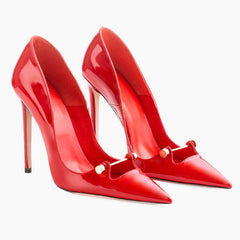 Sinnliche Stiletto-Pumps aus Lackleder mit spitzer Zehenpartie und Metallsteg - Rot