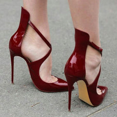 Sensual Patent Leather Cross Strap Pointed Toe Stiletto Pumps - Burgundy