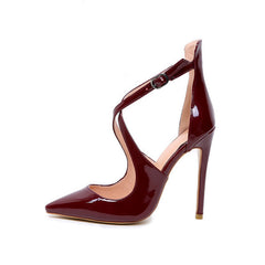 Sensual Patent Leather Cross Strap Pointed Toe Stiletto Pumps - Burgundy