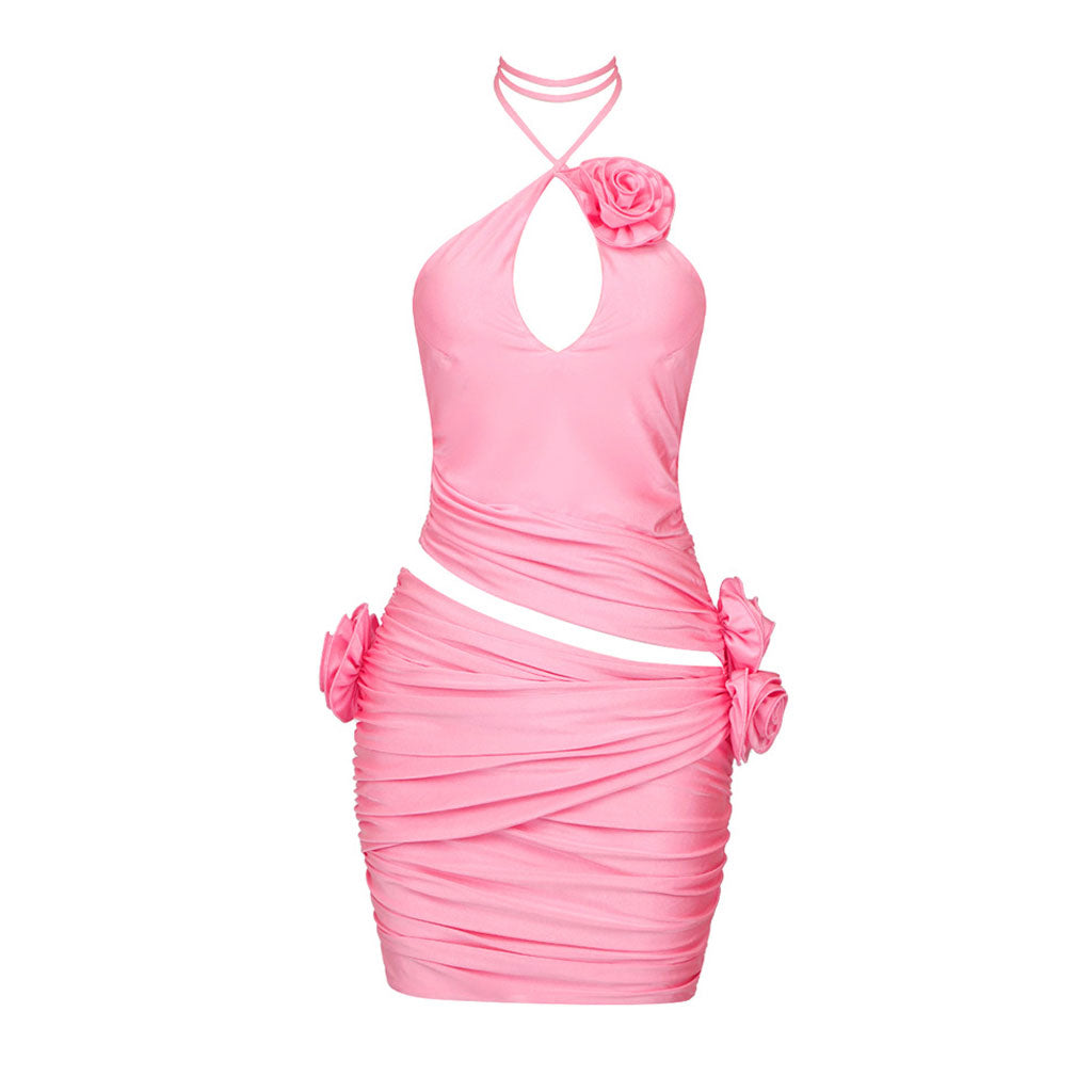 Sexy 3D-Rosetten-Corsage, Neckholder, geteilter Ausschnitt, gerüschtes, figurbetontes Mini-Partykleid