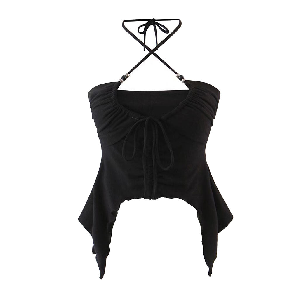 Sexy Crop Top mit Neckholder, Perlenbesatz, Kordelzug und Rüschen