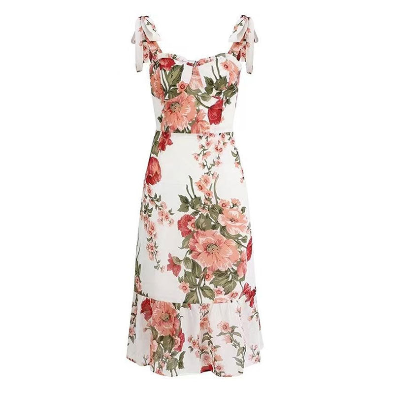 Sexy Bloom Floral Print Ruffle Sweetheart Neck High Waist Tie Shoulder FLowy Midi SunDress