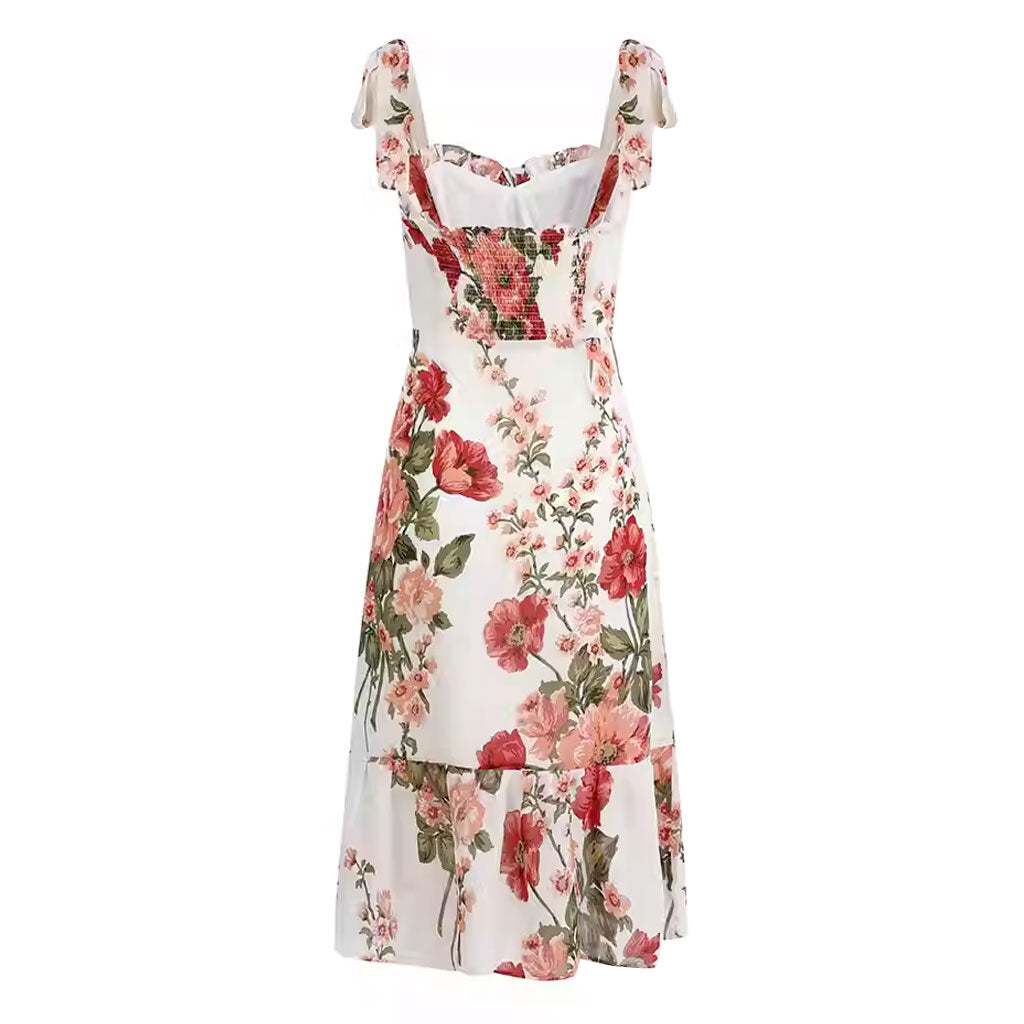 Sexy Bloom Floral Print Ruffle Sweetheart Neck High Waist Tie Shoulder FLowy Midi SunDress