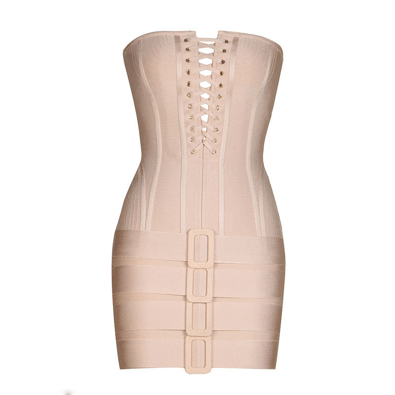 Sexy Strapless Bustier Mini Bandage Kleid mit Schnallendetail und Schnürung - Beige