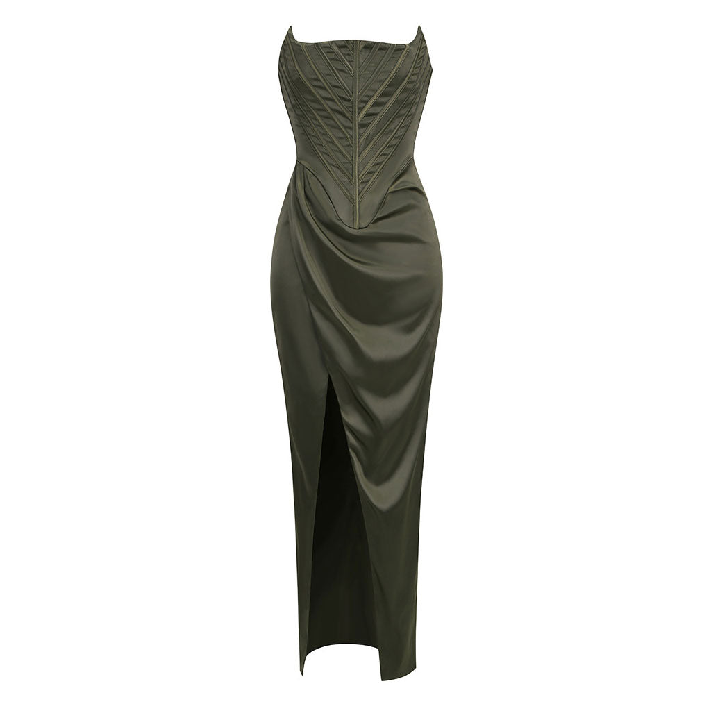 Sexy Korsett Tiefer Taille Drapierte Taille Vorne Schlitz Midi Satin Trägerloses Cocktailkleid