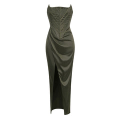 Sexy Korsett Tiefer Taille Drapierte Taille Vorne Schlitz Midi Satin Trägerloses Cocktailkleid