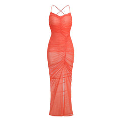 Robe de soirée longue sexy à dos nu en maille semi-transparente froncée et fendue sur la cuisse