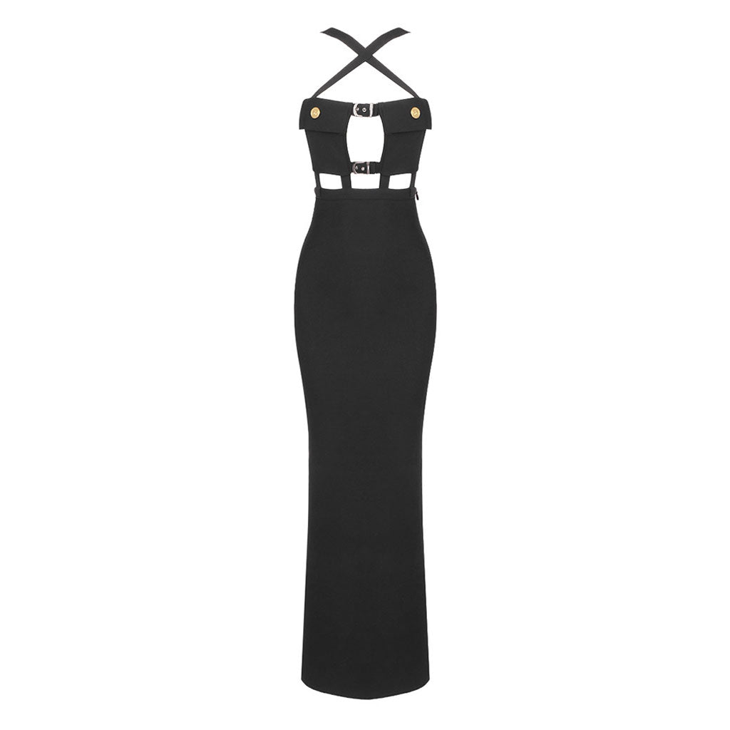 Sexy Crossover Front Chest Pocket CutOut Buckled Strap Split Maxi Evening Dress