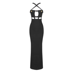 Sexy Crossover Front Chest Pocket CutOut Buckled Strap Split Maxi Evening Dress