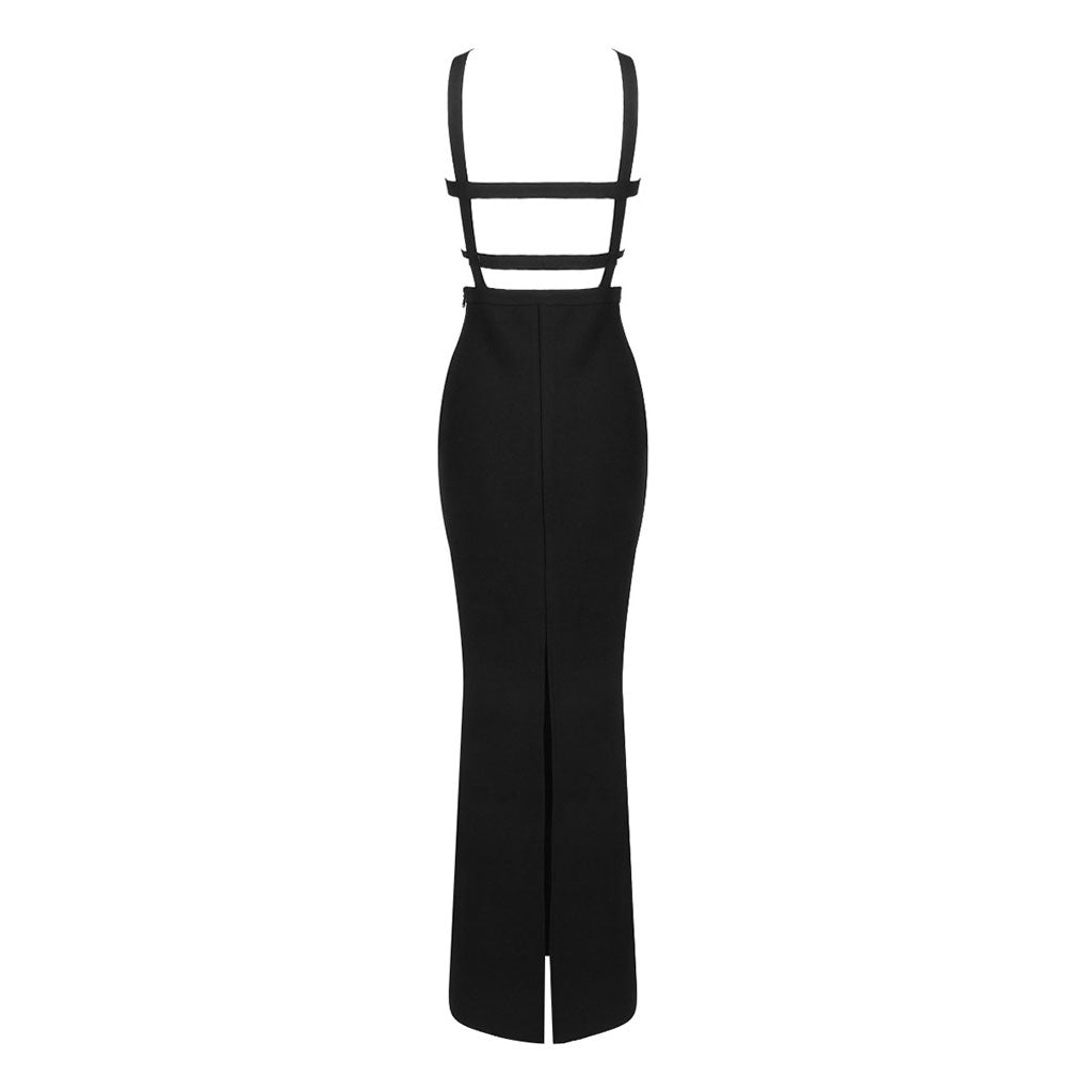 Sexy Crossover Front Chest Pocket CutOut Buckled Strap Split Maxi Evening Dress