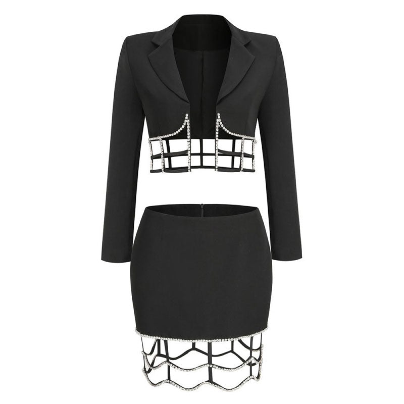 Sexy Kristall Verziert CutOut Revers Kragen Crop Blazer Passendes Set - Schwarz