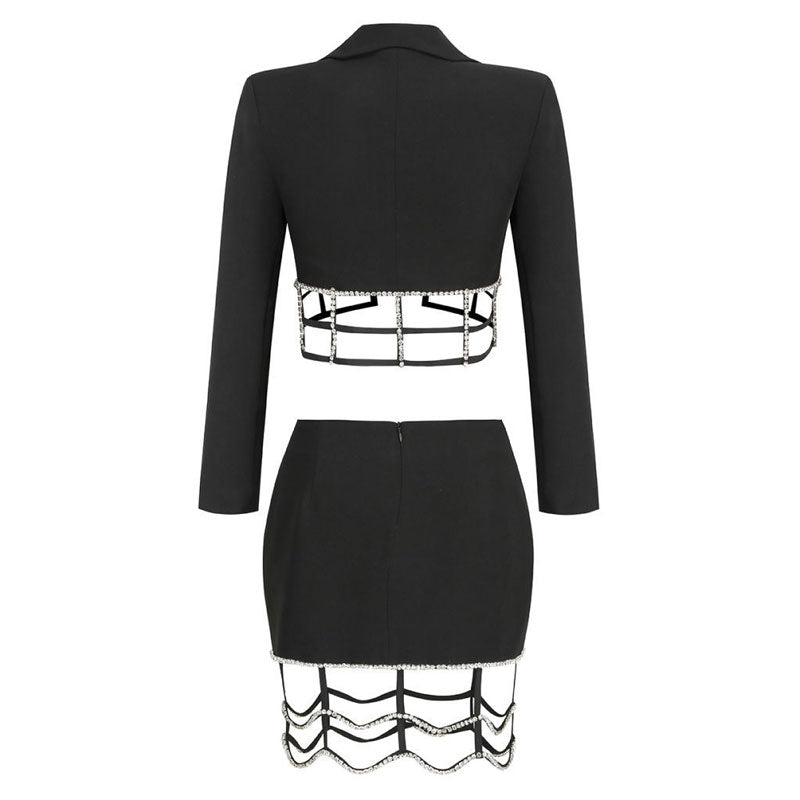 Sexy Kristall Verziert CutOut Revers Kragen Crop Blazer Passendes Set - Schwarz