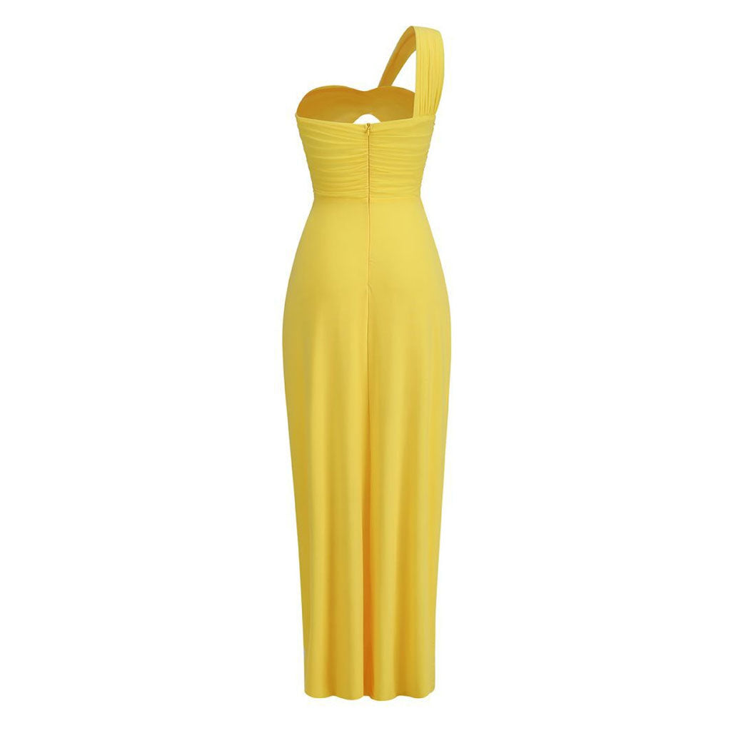 Sexy Maxi-Abendkleid mit Kristallring, einer Schulter, Cut-Out, geteiltem Netzstoff