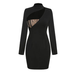 Sexy CutOut Front Lace Panel High Neck Long Sleeve Bodycon Mini Party Dress