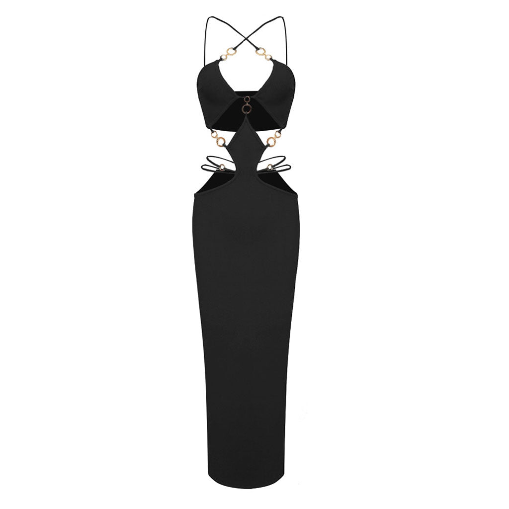 Sexy CutOut O Ring Strappy Sleeveless Back Split Bandage Maxi Evening Dress