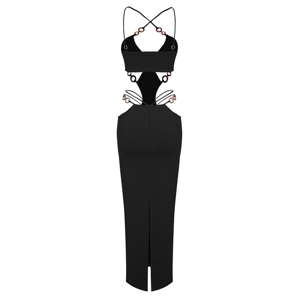 Sexy CutOut O Ring Strappy Sleeveless Back Split Bandage Maxi Evening Dress