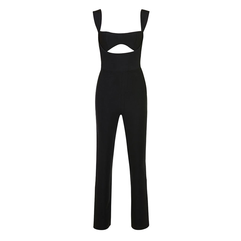 Sexy CutOut Square Neck Suspender Strap Straight Leg Bandage Jumpsuit