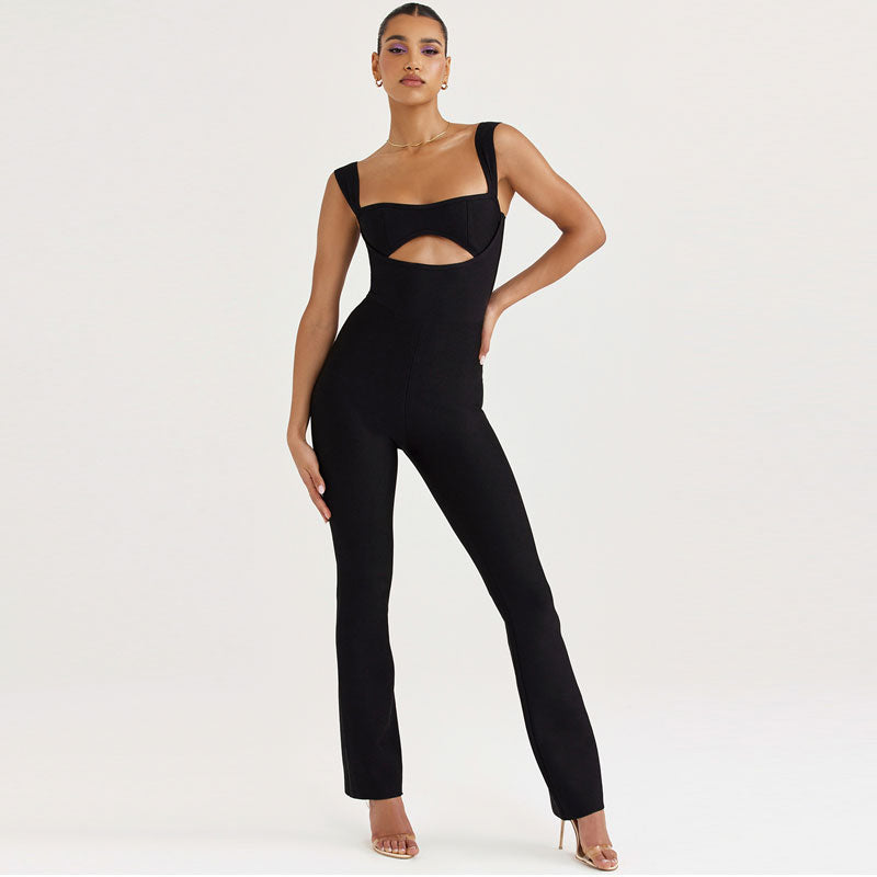 Sexy Bandage-Jumpsuit mit Cut-Outs, quadratischem Ausschnitt und Strapsen