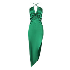 Sexy CutOut Strapless Ruched Cross Detail High Split Maxi Satin Dress