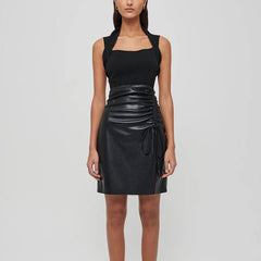 Sexy Drawstring Ruched Side Slit Faux Leather Mini Bodycon Skirt - Black