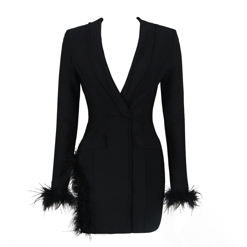 Robe mini blazer sexy à col châle et bordure en fausses plumes - Noir