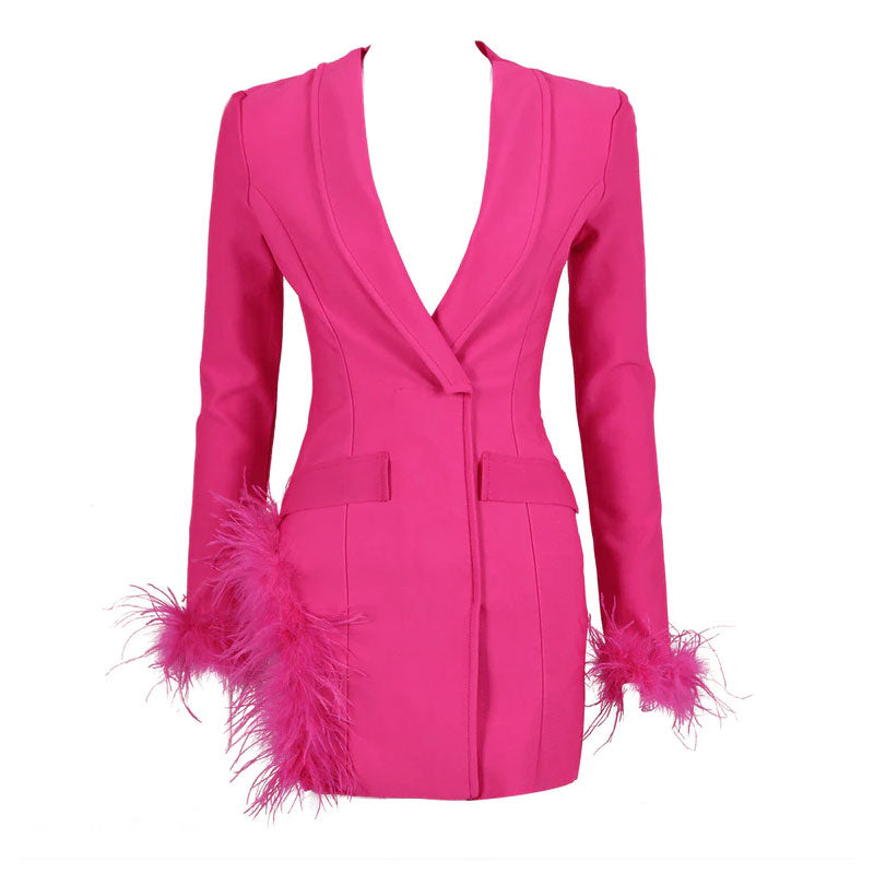 Robe mini blazer sexy à col châle et bordure en fausses plumes - Rose vif