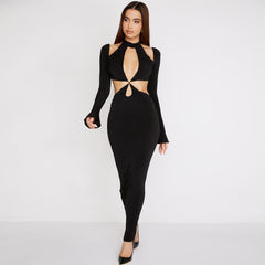 Sexy Halter Neck Long Sleeve Criss Cross CutOut Maxi Dress - Black