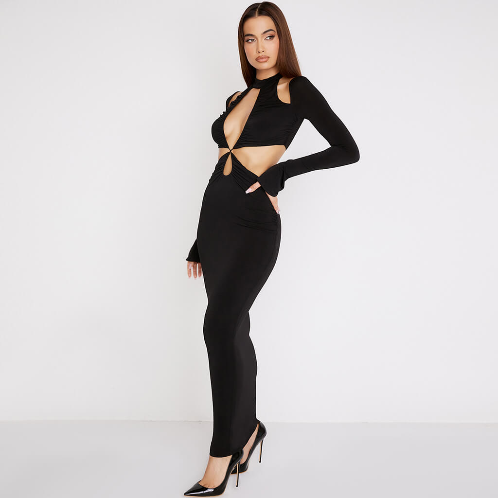 Sexy Halter Neck Long Sleeve Criss Cross CutOut Maxi Dress - Black