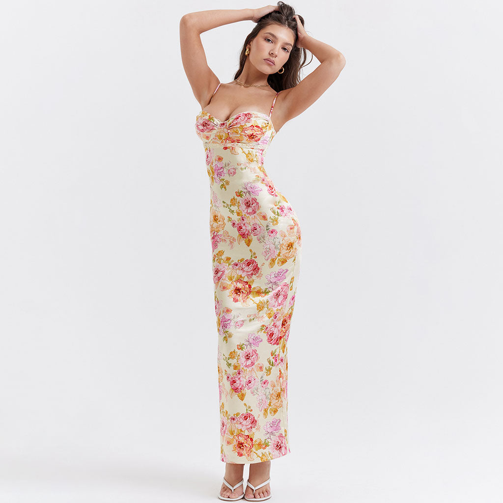 Sexy Lacy Trim Sweetheart Neck Floral Printed Back Split Maxi Satin Slip Dress