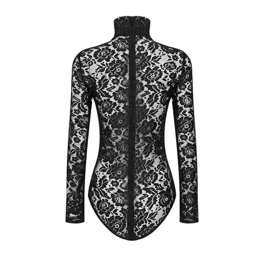 Sexy Mesh Panel High Neck Long Sleeve Floral Lace Corset Bodysuit