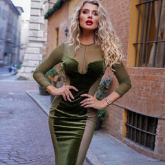 Robe longue sirène sexy en velours à manches longues et empiècement en maille - Vert olive