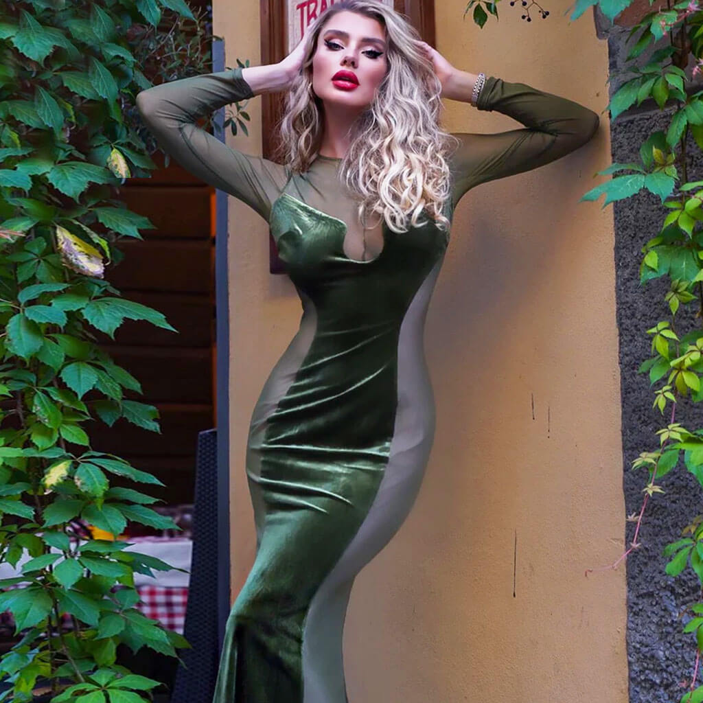 Robe longue sirène sexy en velours à manches longues et empiècement en maille - Vert olive