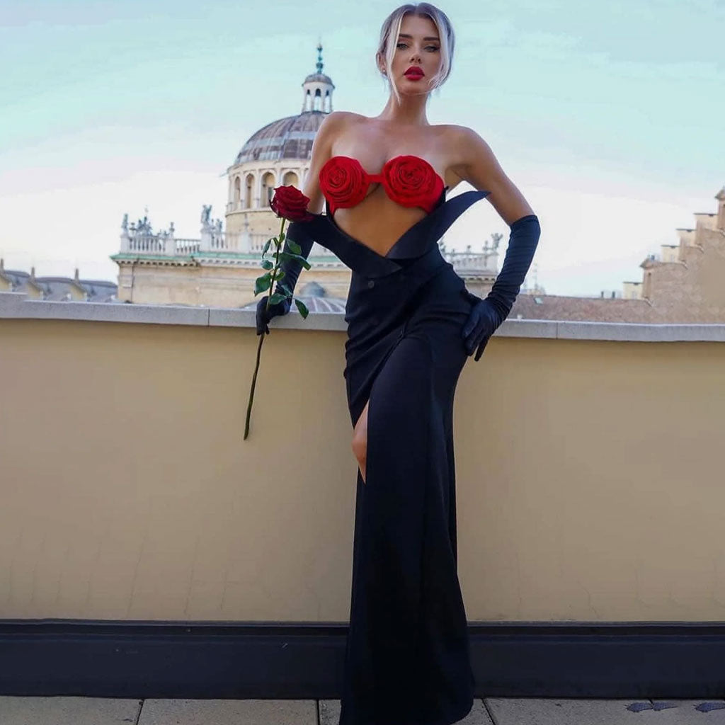 Robe de soirée longue sexy à épaules dénudées et soutien-gorge à rosace découpée et gantée