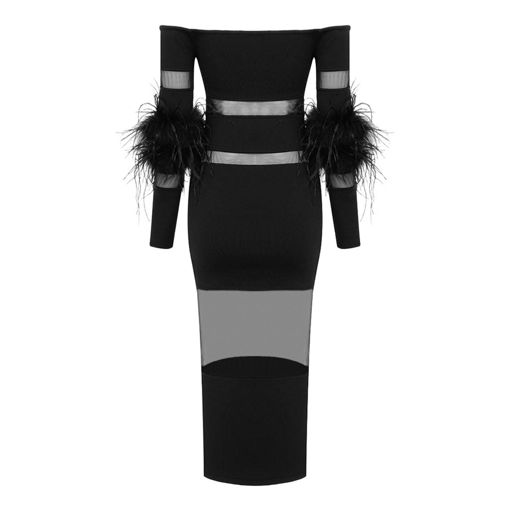 Sexy Off The Shoulder Feather Trim Sleeve Sheer Mesh Bandage Midi Dress