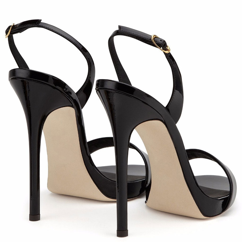 Sexy Patent Leather Round Toe Stiletto Halter SlingBack Sandals - Black