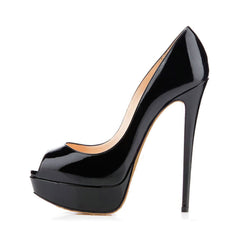 Sexy Peep Toe Patent Leather Platform Stiletto Pumps - Black