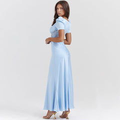 Sexy Pleated Plunge Neck Puff Short Sleeve Silky Satin and Sheer Lace Maxi Fishtail Dress