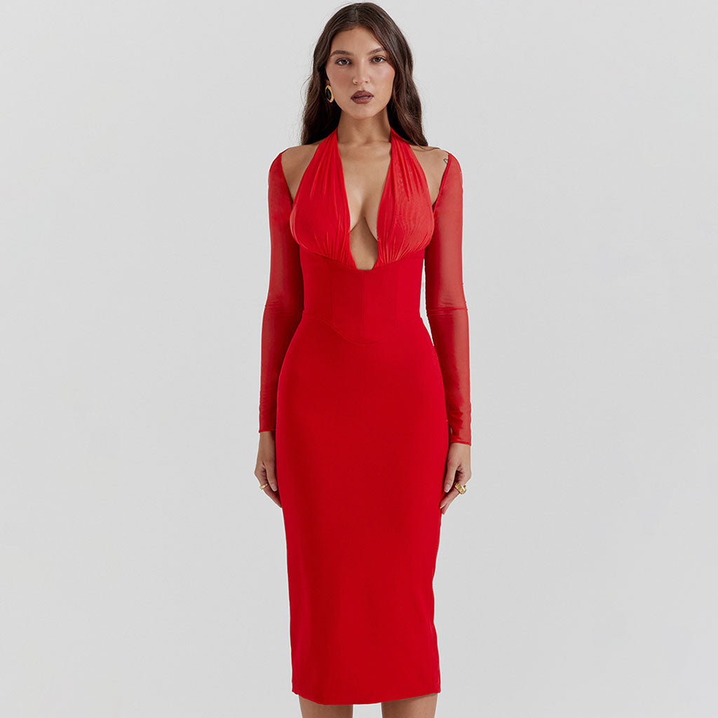 Sexy Plunge Halter Neck Long Sleeve Mesh Panel Bodycon Cocktail Corset Midi Dress