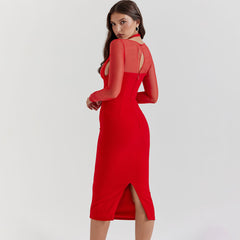 Sexy Plunge Halter Neck Long Sleeve Mesh Panel Bodycon Cocktail Corset Midi Dress