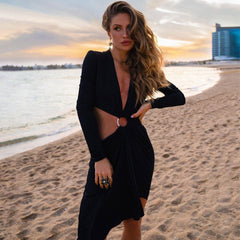 Sexy Plunge Neck Long Sleeve CutOut Ruched O Ring Draped High Low Evening Dress