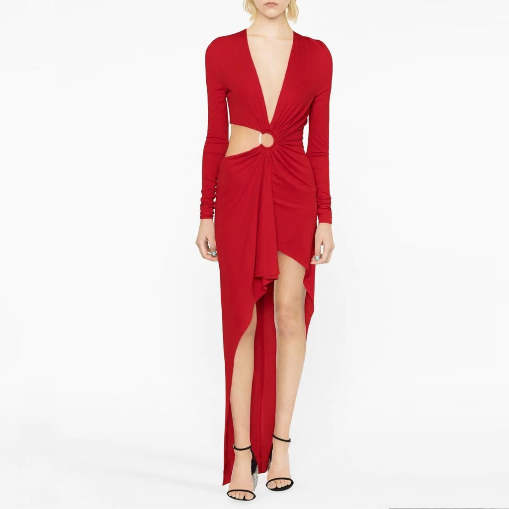 Sexy Plunge Neck Long Sleeve CutOut Ruched O Ring Draped High Low Evening Dress