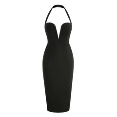 Sexy Plunging Halter Neck Back Slit Sleeveless Bodycon Midi Dress - Black