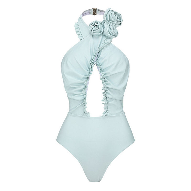 Sexy Rosette Applique Halter Neck Ruffle CutOut Low Back One Piece Swimsuit