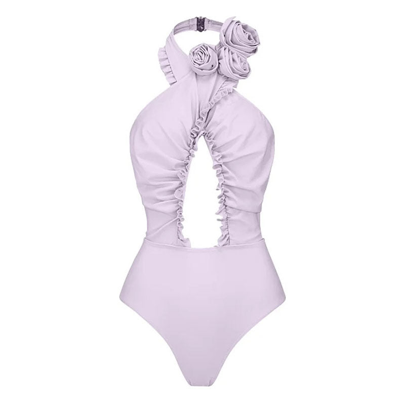 Sexy Rosette Applique Halter Neck Ruffle CutOut Low Back One Piece Swimsuit