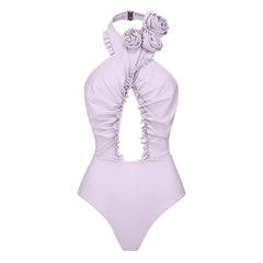 Sexy Rosette Applique Halter Neck Ruffle CutOut Low Back One Piece Swimsuit