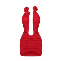 Sexy Neckholder-Minikleid mit tiefem Ausschnitt und Rüschen, figurbetontem Netzstoff